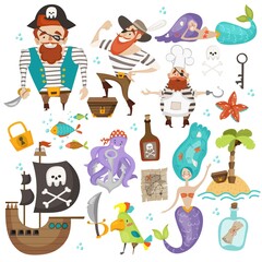 Set of vector illustrations about pirates with characters, mermaids, octopus, parrot, pirate ship and other attributes in a funny children's cartoon style.