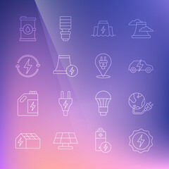 Set line Lightning bolt, Global energy power planet, Electric car, Hydroelectric dam, Nuclear plant, Recharging, Bio fuel barrel and plug icon. Vector