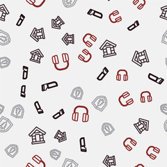 Set line Hacksaw, Dog house, Shield with tree and Headphones on seamless pattern. Vector