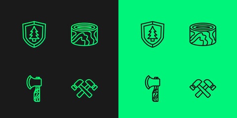 Set line Crossed hammer, Wooden axe, Shield with tree and logs icon. Vector