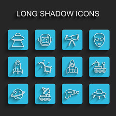 Set line Planet Saturn, Mars rover, UFO flying spaceship, Ray gun, Great Bear constellation, and Rocket icon. Vector