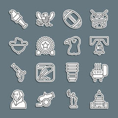 Set line White House, Barbecue grill, Liberty bell in Philadelphia, American Football ball, Medal with star, Western cowboy hat, Torch flame and Eagle head icon. Vector