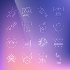 Set line Statue of Liberty, Carnival garland with flags, Western cowboy hat, Torch flame, American, Champagne bottle, Trumpet and Paper glass straw icon. Vector