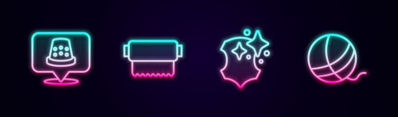 Set line Thimble for sewing, Textile fabric roll, Leather and Yarn ball. Glowing neon icon. Vector