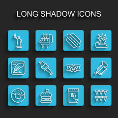 Set line Donut, Burger, Statue of Liberty, Calendar with date July 4, Carnival garland flags, Torch flame, Trumpet and Star American military icon. Vector