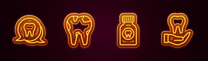 Set line Tooth, Broken tooth, Toothache painkiller tablet and . Glowing neon icon. Vector