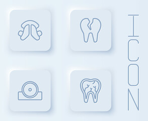 Set line Dental tooth plate, Broken, Otolaryngological head reflector and . White square button. Vector