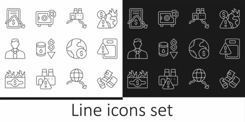 Set line Credit card, Global economic crisis, Shutdown of factory, Drop in crude oil price, Worker, Mobile stock trading, and Safe icon. Vector