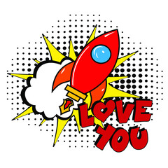 Love you. Comic book explosion with text -  Love you. Vector bright cartoon illustration in retro pop art style. Can be used for business, marketing and advertising.  Banner flyer pop art comic 