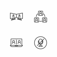 Set line Mute microphone, Video chat conference, and Meeting icon. Vector