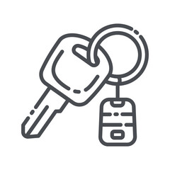 Vector line icon of an ignition key with keychain, key ring front view