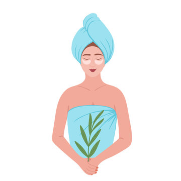 Girl in towel, woman with a towel on the head after shower or bath. Vector illustration for spa, beauty, printing, backgrounds, greeting cards, textile, seasonal design. Isolated on white background.