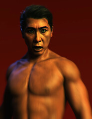 Fototapeta premium Portrait of a scared muscled bare chested asian man against a red background. 3D render.