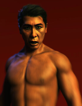 Portrait of a scared muscled bare chested asian man against a red background. 3D render.