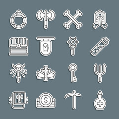 Set line Bottle with potion, Neptune Trident, Crossed human bones, Street signboard Bar, Chest, Magic stone ring and Medieval chained mace ball icon. Vector