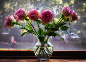 Roses in a vase on the window. Summer still life.