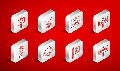 Set line Peace, Necklace with peace symbol, No war, Flag, cloud and Psilocybin mushroom icon. Vector