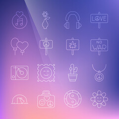Set line Flower, Necklace with peace symbol, No war, Headphones, Peace, Balloons, Vinyl disk and Marijuana icon. Vector