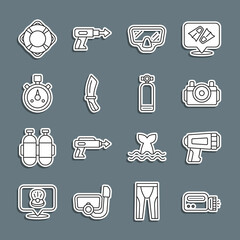 Set line Flashlight for diver, Photo camera, Diving mask, knife, Stopwatch, Lifebuoy and Aqualung icon. Vector