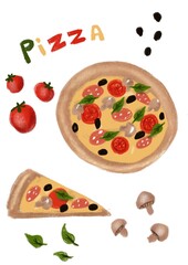 pizza with salami tomatoes and olives