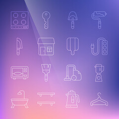 Set line Hanger wardrobe, Blender, Electric extension, Spatula, House, Knife, Gas stove and Cutting board icon. Vector