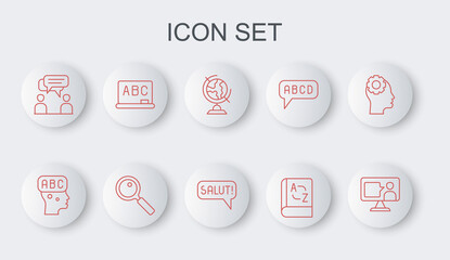 Set line Foreign language online study, Learning foreign languages, Earth globe, Translator book, Two sitting men talking, Chalkboard, Magnifying glass and Salut different icon. Vector