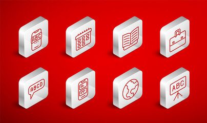 Set line Chalkboard, School timetable, Open book, Briefcase, Earth globe, Foreign language online study, Online translator and Alphabet icon. Vector