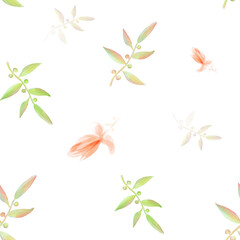 Elegant light Watercolor Seamless pattern with green branches and flowers. Romantic atmosphere. White Background.