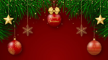 Merry Christmas background. Christmas tree branches, red balls, gold decor and confetti.