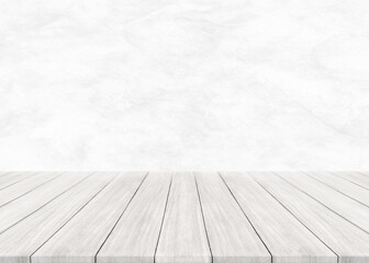 Empty white wood table top and blur wall. Wall Texture Background. Building banner mock up abstract...