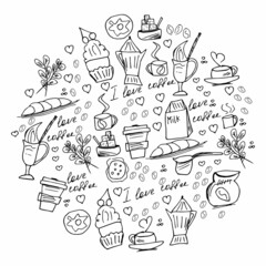 Doodles, hand-drawn coffee elements, isolated on a white background: cup of hot coffee, a kettle, coffee beans, sugar, cookies, milk, croissant, donut. coffee set in a circle and text 