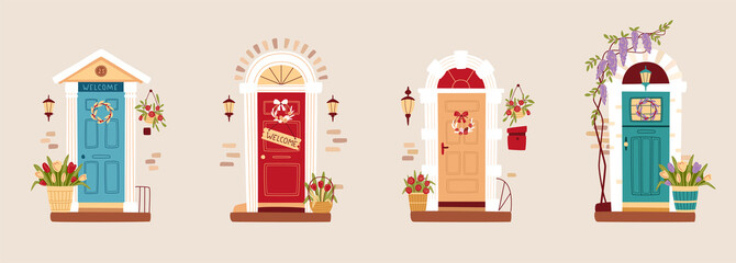 Set of doors decorated for Spring or Easter. Traditional spring home decoration, floral wreath on the door, lanterns and flowers. Vector illustration