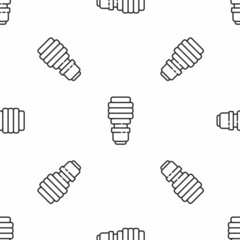 Grey line LED light bulb icon isolated seamless pattern on white background. Economical LED illuminated lightbulb. Save energy lamp. Vector