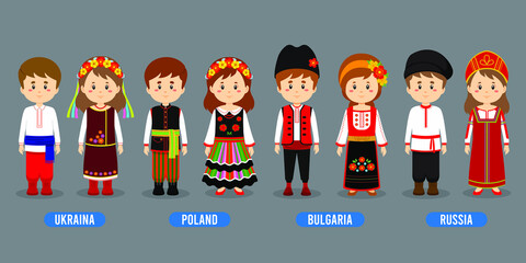 Stock Vector Kids in Different Traditional Costumes - obrazy, fototapety, plakaty