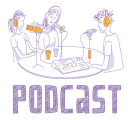 People in sound recording studio. Two women and man are speaking for podcast or radio program. Special equipment: microphones, headphones, mixer, DAW. Line art illustration on white background. Vector