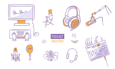 Set of special equipment for sound recording studio: microphones, headphones, mixer, digital audio workstation. Tools for podcast or radio program creation. Line art illustration. Outline vector