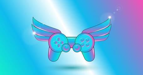 Illustration of a flying gamepad with its wings on an RGB background