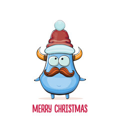 Vector cartoon funky blue monster with Santa Claus red hat isolated on white background. Childrens Merry Christmas greeting card with funny monster Santa Claus.