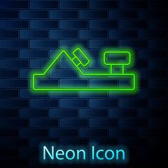 Glowing neon line Wood plane tool for woodworker hand crafted icon isolated on brick wall background. Jointer plane. Vector