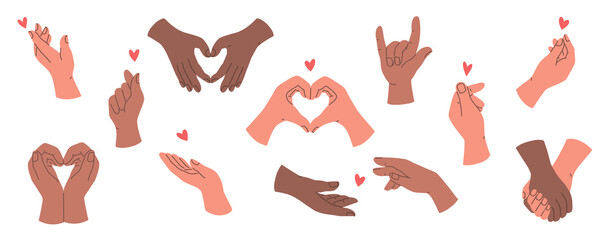 Hands getures expressing love. Holding hands, pointing finger, human palms with heart. Flat vector illustration