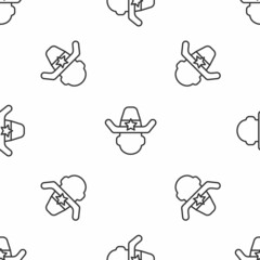 Grey line Sheriff cowboy hat with star badge icon isolated seamless pattern on white background. Police officer. Vector
