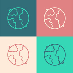 Pop art line Worldwide icon isolated on color background. Pin on globe. Vector