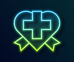 Fototapeta premium Glowing neon line Heart with a cross icon isolated on black background. First aid. Healthcare, medical and pharmacy sign. Vector