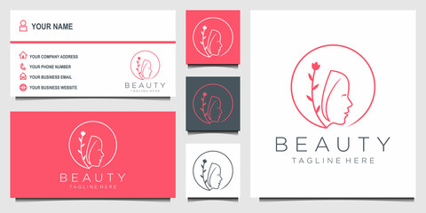 Fototapeta premium Beauty logo with woman inside circle style and business card design template, flower, logo, woman, Premium Vector