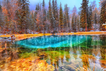 geyser blue lake altai winter landscape, mountain lake thermal spring