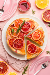 Blood orange upside down cake or pie  on a plate. Fruit citrus baking