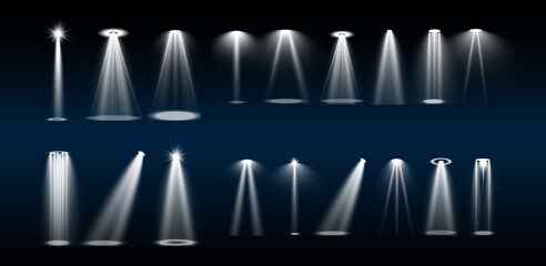 Stage lighting, a collection of transparent effects. Bright lighting with spotlights. Vector illustration.	