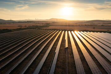Drone close-up shot of solar panels field, photovoltaic power station illuminated by sunbeams at sunset.