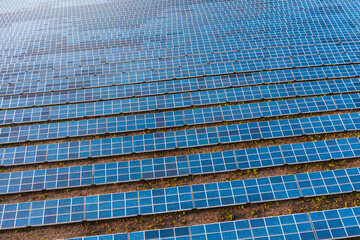 Drone close-up shot of solar panels field, photovoltaic power station illuminated by sunbeams at sunset.
