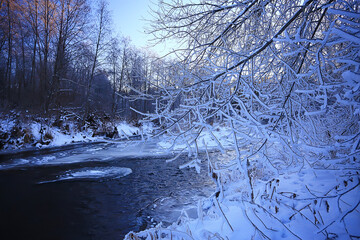 Landscape river winter seasonal view water snow forest